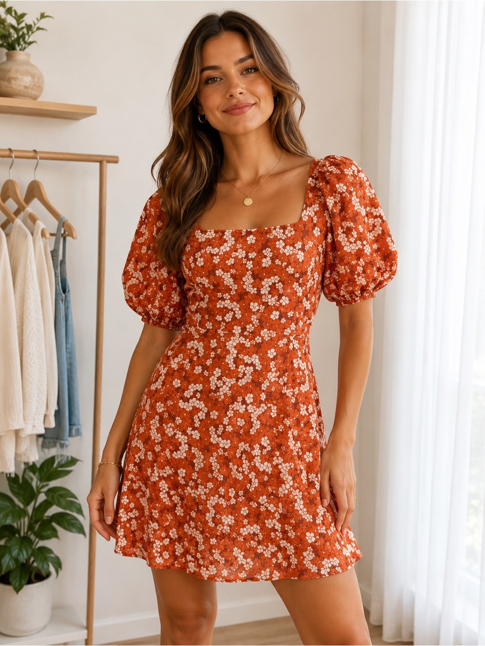 Faithfull the Brand Orange Floral Mini Dress with Puff Sleeves and Scoop Neck